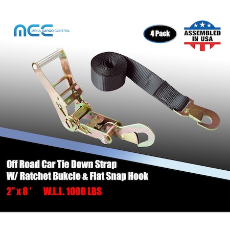 Tie 4 Safe 2" x 8' Off-Road Ratchet Tie Down Strap w/Snap Hook Auto Hauler Tow Truck Black, 4PK RT47-8-BLK-C-4